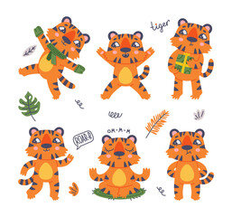 Poster - Funny Tiger Cub with Orange Fur and Stripes Vector Illustration Set