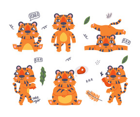 Poster - Funny Tiger Cub with Orange Fur and Stripes Vector Illustration Set