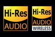 © Arthur - The icon stands for Hi-res and wireless high-definition audio. Square logo with black lettering, black, white and yellow background. Vector illustration.