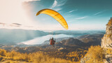 Man flying Back View the paragliding alone at sunny day, adventure concept