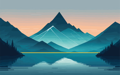 Canvas Print - vector background image that evokes a sense of serenity and balance through minimalistic depictions of natural elements like a solitary mountain peak surrounded by calm water, symbolizing strength