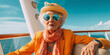 Leinwandbild Motiv Lifestyle portrait of stylish eccentric elderly woman in colorful orange outfit and yellow sunglasses on boat vacation, Generative AI