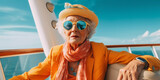 Lifestyle portrait of stylish eccentric elderly woman in colorful orange outfit and yellow sunglasses on boat vacation, Generative AI