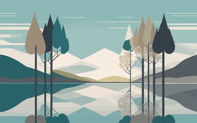 Wall Mural - vector background image that portrays the essence of tranquility in nature, using simple geometric shapes and muted colors to depict a serene lakeside scene with a single tree reflected in the calm