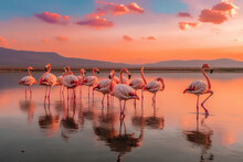 Flamingo In The Sunset On The Lake With Ai Generated