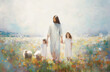 Illustration of Jesus Christ and sheep and happy children walking in a peaceful and beautiful flower field, oil painting on canvas, Generative AI
