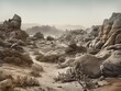 Desert Mirage: Hyperrealistische Erforschung der Wüstenlandschaft mit Felsen und Pflanzen, beleuchtet in hellem Bronze und Grau, inspiriert von der San Francisco Renaissance, Generative AI