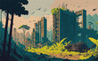 complex vector-style background image depicting a post-apocalyptic wasteland, with crumbling buildings, overgrown vegetation, and hints of a once thriving civilization.