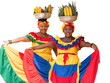 Happy smiling Palenquera fresh fruit street vendors of Cartagena, Colombia, isolated in transparent PNG. Cheerful Afro-Colombian women in traditional clothing, Colombian culture and lifestyle. 