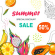 Summer sale background with fruits and doodles. Poster with abstract shapes, dots, lines and tropical fruits. Oranges, pineapple, pitaya, banana and papaya on a white background. Special discounts. 