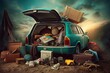 a blue automobile with a load of bags crammed into the trunk Generative AI