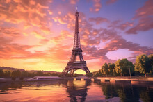 The Eiffel Tower Seen With A Dramatic Colorful Sunset In Paris, France. Generative Ai.
