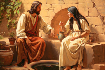 Wall Mural - Jesus speaking to the Samaritan woman giving hope for eternal life Generative AI Illustration