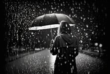 rain black background. man with umbrella in bad weather. AI generated