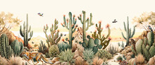 Wallpaper Landscape Pattern Of The Desert Environment, Cacti, Desert Trees, Birds And Butterflies With A Beige Background  - Generative AI