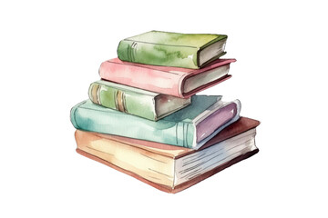 Watercolor of classic vintage stack of books decorating with meadow grass and flower isolated on clear png background, old book, magic spell cast books, with Generative Ai