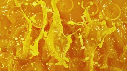 Poster - Super Slow Motion of Splashing Orange Juice. Filmed on High Speed Cinema Camera, 1000 fps. Abstract Liquid Background with Orange Slices. Speed Ramp Effect.