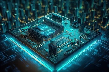 Canvas Print - Closeup of electronic circuit board. Technology concept. 3D Rendering, A real cityscape building up on a backdrop of neon teal circuit patterns, AI Generated