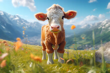 Adorable 3D Baby Calf In The Mountain Meadow, AI Generated