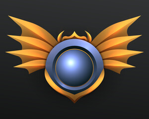 Blue metal badge with gold wings on black background