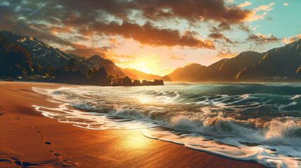 Poster - Beautiful seascape at sunrise. Beautiful beach and tropical sea under while orange sunset with clouds.  Beautiful summer seascape. Composition of nature.  Travel and  holiday concept. AI generated.