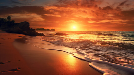 Poster - Beautiful seascape at sunrise. Beautiful beach and tropical sea under while orange sunset with clouds.  Beautiful summer seascape. Composition of nature.  Travel and  holiday concept. AI generated.