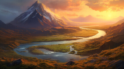 Poster - Beautiful colorful landscape with mountains and river at sunrise. Digital painting. Beautiful Fantasy landscape with mountain lake and forest at sunset. Wild nature, AI generated.