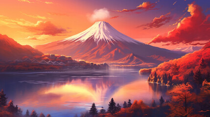 Poster - Mount Fuji and lake Kawaguchiko at sunset, Japan. Beautiful colorful landscape with mountains and river at sunrise. Beautiful Fantasy landscape with mountain lake and forest at sunset.  AI generated.
