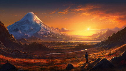 Poster - Beautiful colorful landscape with mountains and river at sunrise. Digital painting. Beautiful Fantasy landscape with mountain lake and forest at sunset. Wild nature, AI generated.