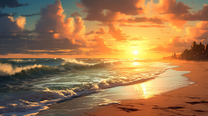 Poster - Beautiful seascape at sunrise. Beautiful beach and tropical sea under while orange sunset with clouds.  Beautiful summer seascape. Composition of nature.  Travel and  holiday concept. AI generated.