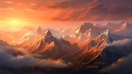 Poster - Mountains in the clouds at sunset. Beautiful mountains while orange sunset with clouds in sky.  Mountains tops. Wild nature, AI generated. Beautiful landscape with sun and clouds. 3d illustration.