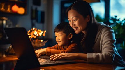 Happy Asian mother and daughter learning coding in the living room, STEAM, laptop, coding, learning, Generative A.I. 