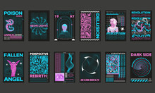 Big Collection Of Retro Futuristic Posters Isolated On Black Background.Trendy Brutalism Style.Geometric Shapes And Abstract Forms.Abstract Print Design For Street Wear, T-shirts And Sweatshirt.Vector