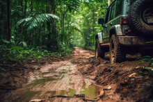 Four Wheel Drive SUV Is Driving On Muddy Road In Jungle. Jeep On Safari After Rain. Car Racing Offroad. Created With Generative AI