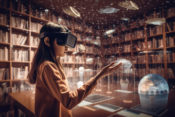 Wall Mural - Girl wearing augmented reality headset in classroom. Futuristic school teaching. Virtual reality device using in education process. Created with Generative AI