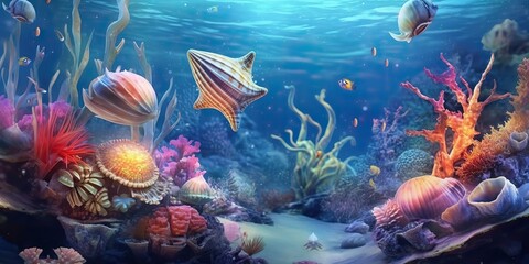 Wall Mural - AI Generated. AI Generative. Pasted drawing illustration of underwater under sea marine landscape. Graphic Art