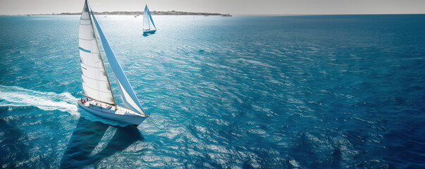 regatta of sailing ships with white sails on the high seas. aerial view of a sailboat in a windy sta