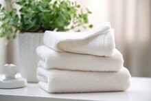 White Clean Towels On Table In Bathroom, Generative Ai