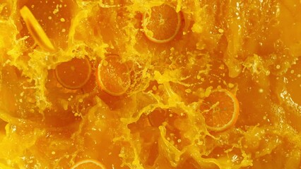 Poster - Orange slices splashing into juice, macro shot. Macro background. Filmed on a high-speed cinema camera at 1000 fps.