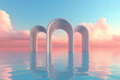 Leinwandbild Motiv 3d render, Surreal desert landscape with arches and white clouds in the blue sky. Modern minimal abstract background