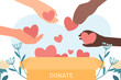 Hands donating and help. People give hearts to donation box flat vector illustration. Hope, solidarity, aid for refugees concept