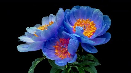Wall Mural - Beautiful blue peony flowers blooming on black background. Mothers Day concept. Holiday, love, birthday design backdrop