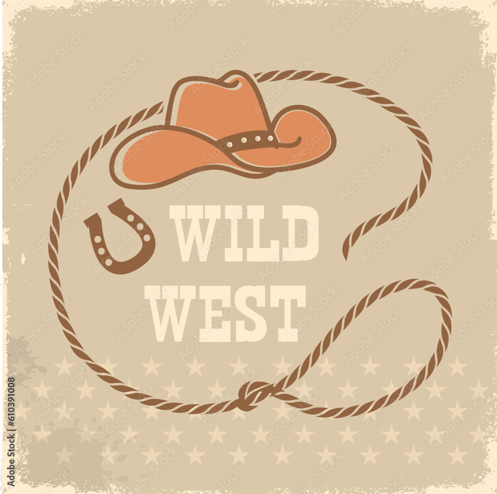 Rope frame with cowboy hat and lasso. Vector wild west illustration ...