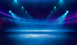 Abstract blue neon stadium background illuminated with lamps on ground. Science, product and sports technology background
