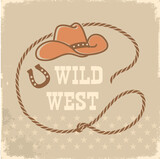 Fototapeta Konie - Rope frame with cowboy hat and lasso. Vector wild west illustration isolated on white foe design.
