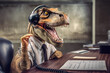 Funny looking dinosaur wearing headset at office desk, obsolete dying professions of call centre operator concept. Generative AI
