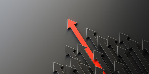 leadership and growth concept, red arrow standing out from the crowd of black arrows, on black backg