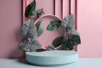 Pastel mint green podium with leaves on Pink background, mockup, generative AI 2