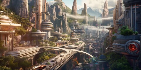 Wall Mural - green eco city concept in the mountains, futuristic high-tech city with advanced infrastructure, sci