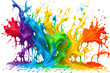 Large colorful splash of multicolored paint that scatters in different directions. Rainbow colored liquid explosion illustration, isolated on transparent background. Generative AI